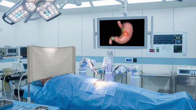 Laboratory for robotic abdominal surgeries equipped with monitors