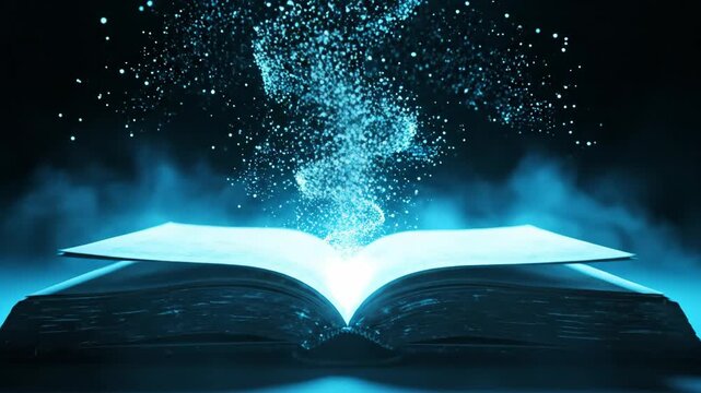 Glowing magic book with rising blue particles on dark background for fantasy and education intro