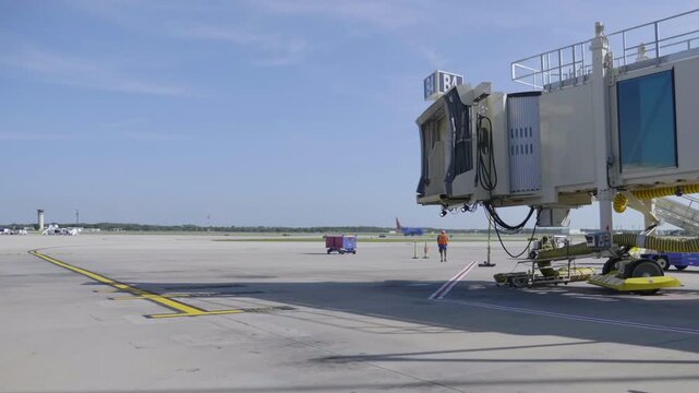 Ground Crew Preparing Blue Airplane At Jet Bridge On Airport Tarmac With Tow Tractor