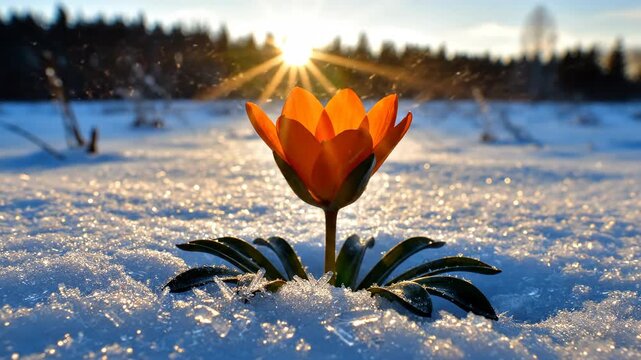 Orange crocus flower blooming through snow in winter sunrise for nature and spring content