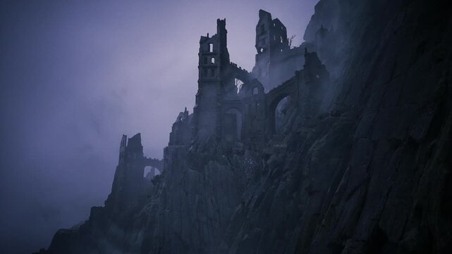 Towering ruined keep wrapped in dense fog, coastal sentinel silhouette looming over steep rocks, cold violet light and creeping mist create ominous cinematic
