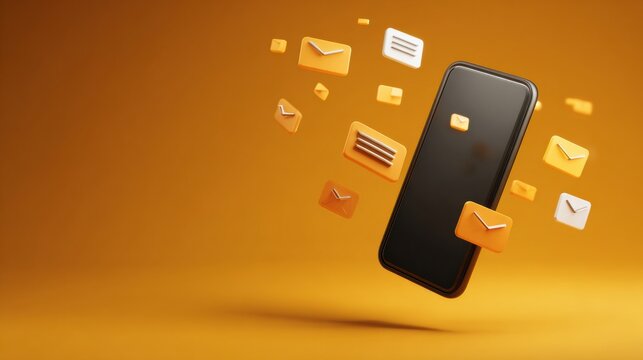 A smartphone silhouette displays floating message icons, representing modern digital communication.