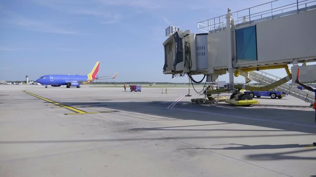Ground Crew Preparing Blue Airplane At Jet Bridge On Airport Tarmac With Tow Tractor