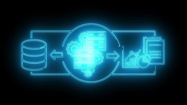Neon-lit flowchart illustration with a brain icon transferring data from a database to a document on a black background with a futuristic and technological mood.
