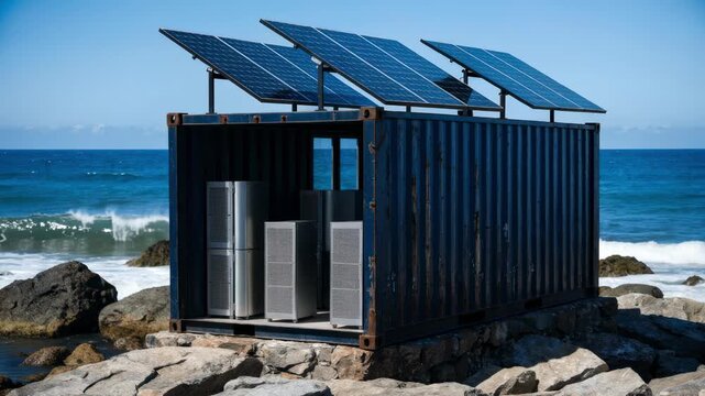 Metal container shelter with solar panels on the roof in medium shot baseband equipment inside gently blurred focusing on sustainable power integration.