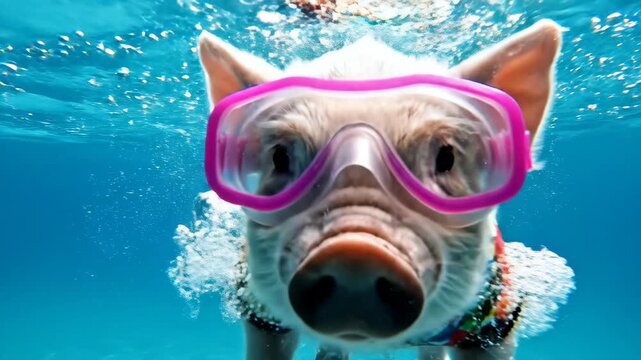 Cute pig swimming underwater wearing goggles and swimsuit for fun animal content