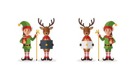 Cartoon Christmas elf and reindeer characters holding a closed case and an open blank scroll. © Jambu