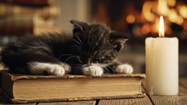 Cozy Kitten Napping Beside a Burning Candle on a Book.