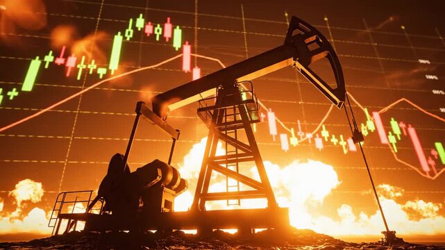 Oil pump jack operating with fire explosion and stock market chart overlay for energy and finance content