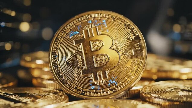 Bitcoin coins stacked in golden shine. Cryptocurrency investment displays potential wealth. Digital finance concept thrives in modern economy. Future of money unfolds.