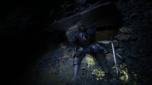 Armored caucasian paladin fallen beside relic chest, solemn pose in shadowy hollow with faint bioluminescent fungus accentuating medieval protective gear.