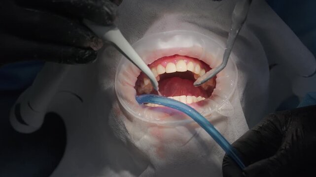 Dental hygienist performing professional teeth cleaning using an air polisher tool with a water spray for plaque removal on a patient with an open mouth and a dental retractor