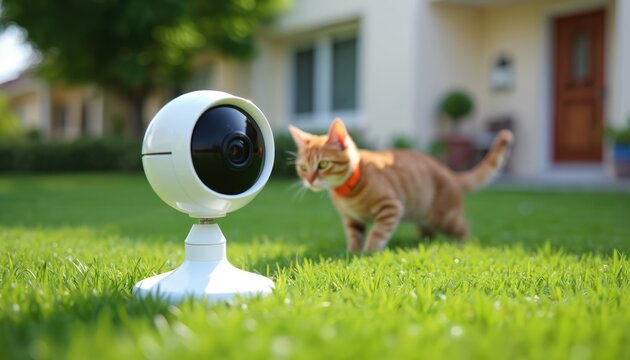 Security camera monitors ginger cat in green grass yard near house. Device records animal activity outside. Home protection technology kepic pets safe.