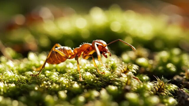 Red ant crawling on green moss in extreme macro close up for nature and wildlife content