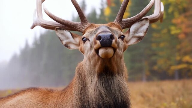 Deer stag with large antlers and brown fur in a natural outdoor setting with trees featuring animal, wildlife, nature with forest and field elements