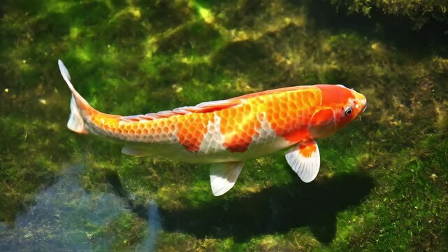 Koi fish swimming gracefully in clear pond over green algae for nature and wildlife content