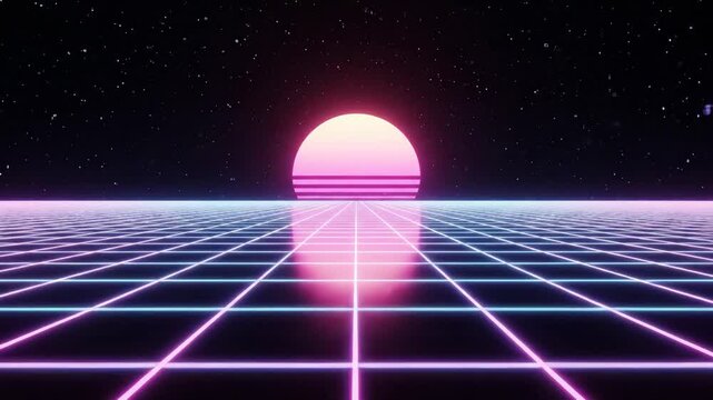 Retro synthwave neon grid scrolling toward glowing sunset on dark starry background for music and intro
