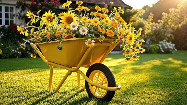 Yellow wheelbarrow overflowing with sunflowers and wildflowers in sunny garden for nature and seasonal content