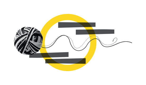 black and white ball of yarn unwinding across composition, overlapped with bold yellow circular frame and charcoal abstract bars, thin curved lines tracing