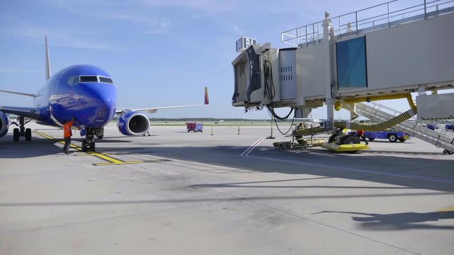Ground Crew Preparing Blue Airplane At Jet Bridge On Airport Tarmac With Tow Tractor