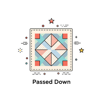 Faded quilt heirloom tradition badge centered on a single patterned fabric square with subtle faded tones and stitched border, expressing