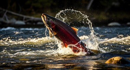 Fototapeta premium Fresh Salmon Fish Jumping Out of Water with Splash .