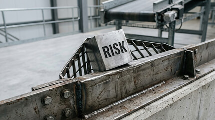Fototapeta premium Industrial risk warning metal block safety concept, hazard symbol on steel beam in factory interior, concept of danger and uncertainty for business and industry