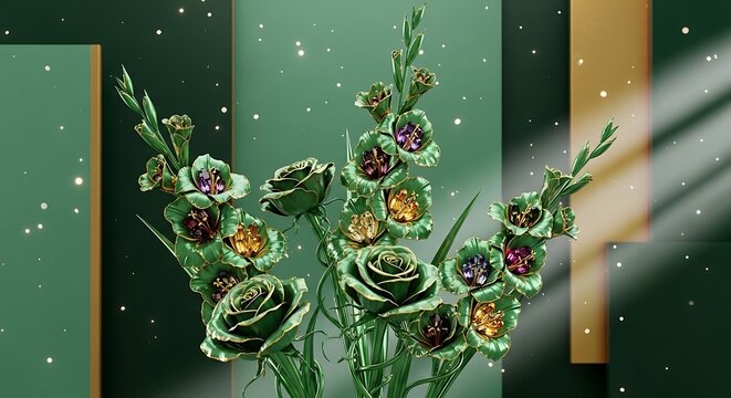 3D render of green metallic roses and gladiolus with jewel centers on dark green background