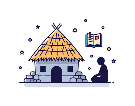 Ancient Indian gurukul simple thatched roof hut with a small manuscript and seated student silhouette, conveying mentorship based learning and spiritual