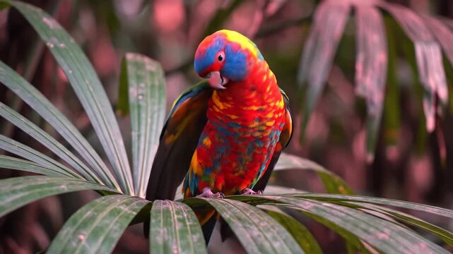 Rainbow lorikeet perching on tropical palm leaves in lush jungle for nature and wildlife content