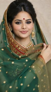 Indian bride in red blouse and green veil looking down smiling and holding dupatta elegant pose for wedding advertisement luxury jewelry beauty fashion promotion