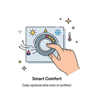 Adjusting the thermostat for home comfort shown as a hand turning a round wall thermostat dial with small sun and snowflake icons indicating temperature