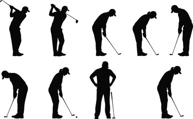 Naklejka premium Golf player silhouettes set featuring various swinging and putting poses with golf clubs cad drawing flat vector illustration flavector isolated design.