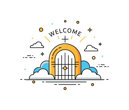 Golden gates of heaven concept centered on a simple arched gate surrounded by luminous clouds and subtle rays, expressing welcome, eternity, and spiritual