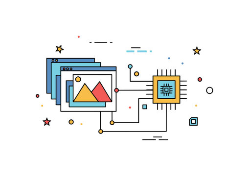 Image analysis software pattern recognition concept with layered geometric shapes on screen connected by thin lines to a central processor icon. The