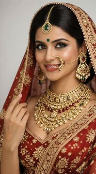 Indian bride in red saree holding veil and looking at camera elegant close up pose with heavy jewelry for wedding advertisement luxury beauty fashion promotion