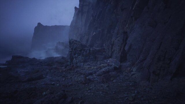 foggy receding headlands create layered silhouettes, quiet coastal ridges fade into soft blue haze, muted contrast and soft grain emphasize mystery and slow
