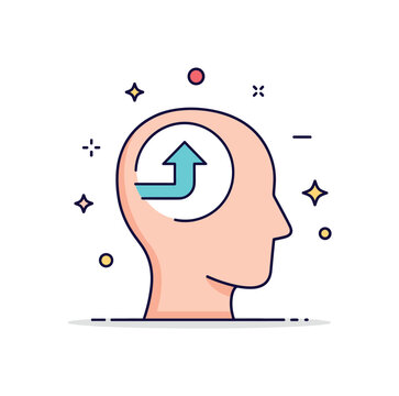 Mindset shift concept centered on a human head silhouette with an internal arrow turning upward, representing positive change and new perspective. The scene