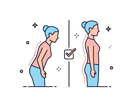 Posture correction awareness illustrated by a split composition showing one slouched silhouette and one upright silhouette, emphasizing healthy