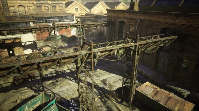 elevated walkway over scrapyard with green dumpsters and rail tracks, industrial panorama showing rusted platforms, chainwork, scattered salvage and layered