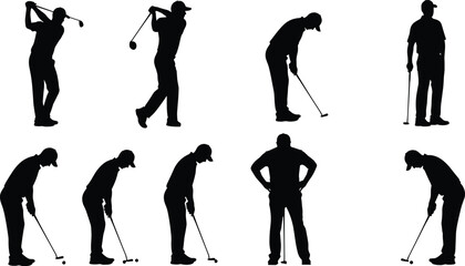 Naklejka premium Golf player silhouettes set featuring various swinging and putting poses with golf clubs cad drawing flat vector illustration flavector isolated design.