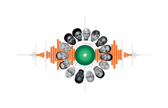 Black and white circle of diverse faces looking inward, oversized emerald green sun-like circle behind the center space, orange rectangular accents arranged