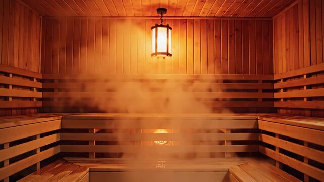 Steam rising inside wooden sauna after water poured on hot stones for wellness and relaxation content