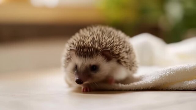 Hedgehog small gray pygmy sitting on white cloth with quills standing up featuring prickly, mammal, animal with cute and tiny elements for wildlife,