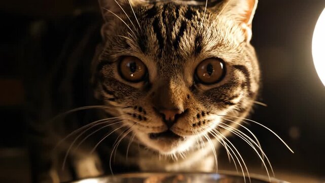 Tabby cat eating from bowl then looking directly at camera in dramatic cinematic lighting