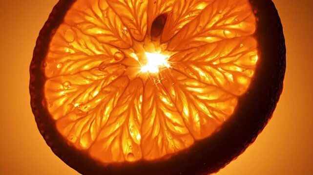 Backlit orange slice rotating and glowing on warm background for food and beverage content