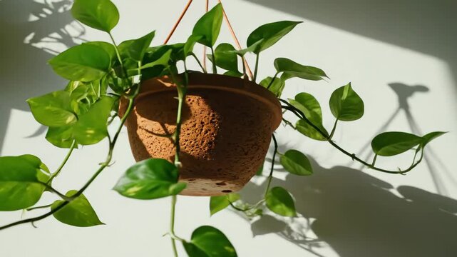 Hanging pothos plant swaying in bright sunlight indoors for home decor and nature content
