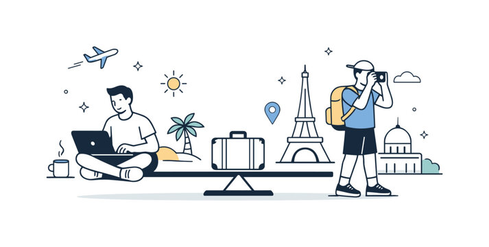 Remote work visa city balance. Worker switching between laptop and city exploration, small skyline or landmark elements nearby. Scene communicates work-life