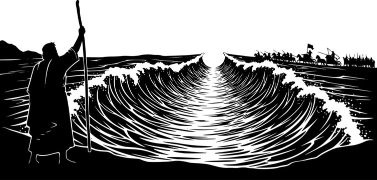 Black Vector Silhouette: Moses Parting the Red Sea A dramatic black vector silhouette depicting Moses standing on a shore with his staff raised, facing the sea