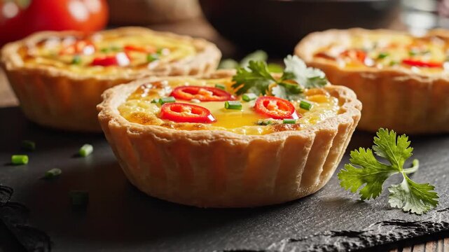 Mini egg tarts displayed on slate board with fresh herbs and chili for food and culinary content